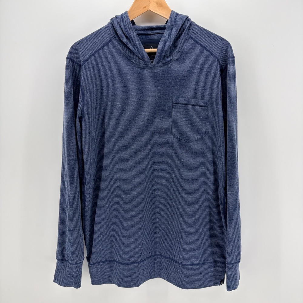 Prana Mens Blue Striped Lightweight Hooded Pullover Chest Pocket Large